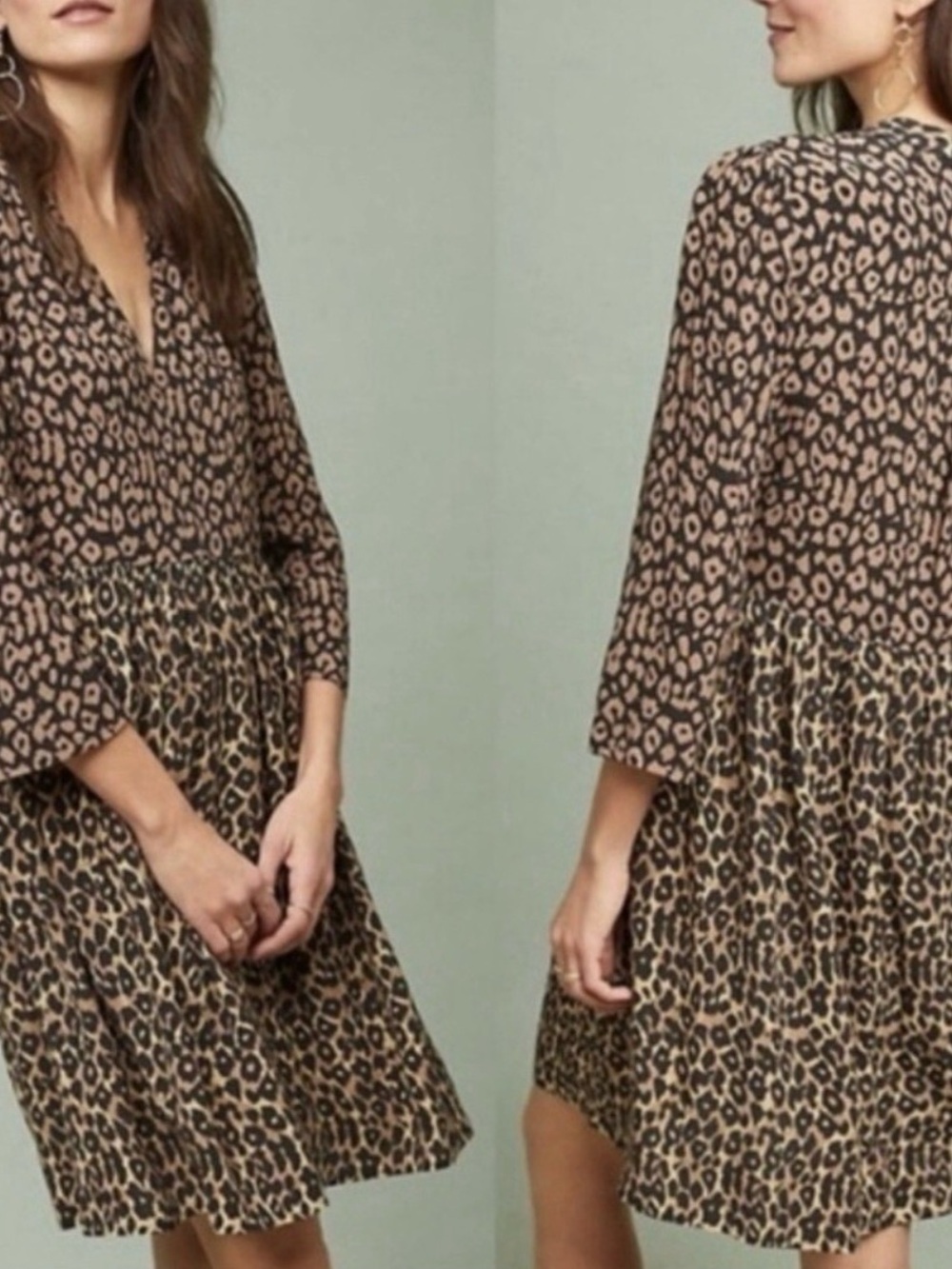 Anthropologie Maeve Juno Leopard Print Dress Large Animal Print Boho V-Neck